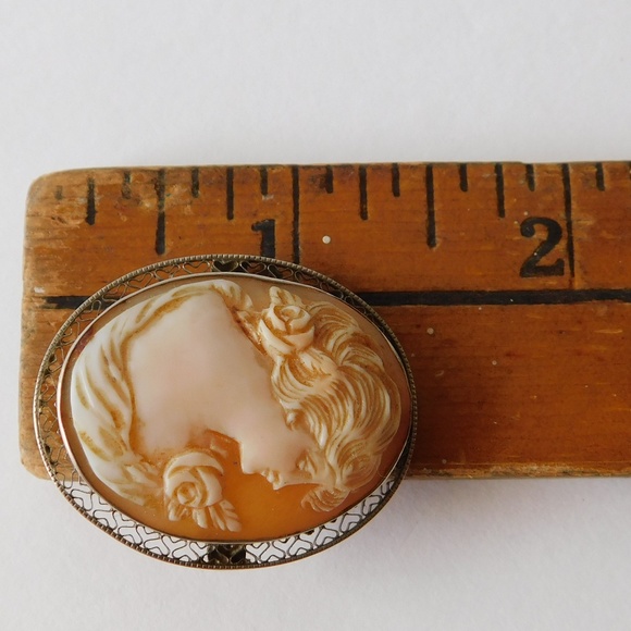 Antique 10K Solid White Gold Carved Cameo Brooch Art Deco Filigree Vintage - Picture 6 of 8